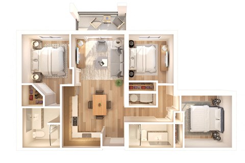 Floor plan for 3 beds, 2 baths, 954 sqft